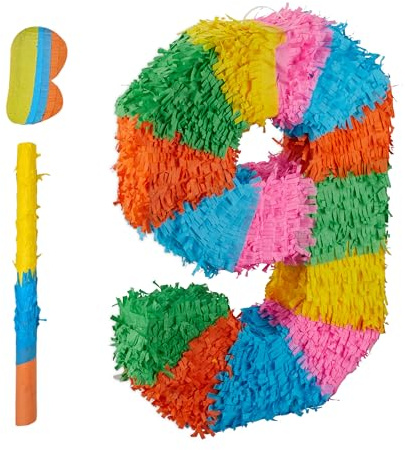 Relaxdays Pinata nummer 9, regnbågspinata födelsedag, HBT: 50,5 x 35,5 x 7,5 cm, partypinata barn, för fyllning, färgglad
