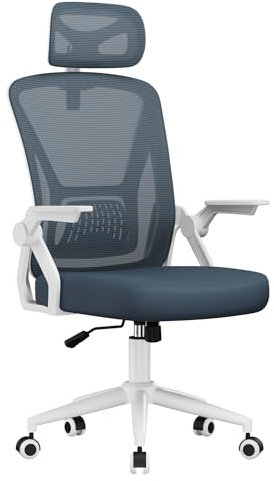 naspaluro Silla de Oficina, Silla de Oficina Ergonómica con Brazos Abatibles 90°, Soporte Lumbar de Diseño Exclusivo, Reposacabezas Ajustable, Tapicería de Malla Transpirable Escritorio, Gris Oscuro