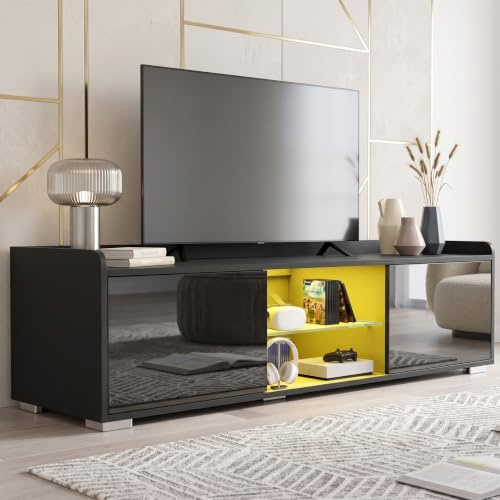 Blisswood High Gloss TV Unit – 140 Cm Black LED TV Stand Cabinet with 20-Colour RGB Light with Remote, Glass Shelf, Stylish TV Cabinet for Living Room Furniture, Suitable for 43–55” TVs