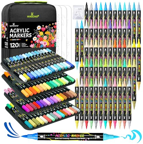 WINSONS Rotuladores de 120 colores, bolígrafos de pintura acrílica, 60 marcadores acrílicos, punta de pincel doble