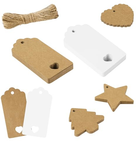 Flintronic Etichette da regalo, 60 Pezzi Etichette in Carta Kraft Set, con 10M Spago in Juta, per Matrimoni,Compleanni,San Valentino e Artigianato- Marrone