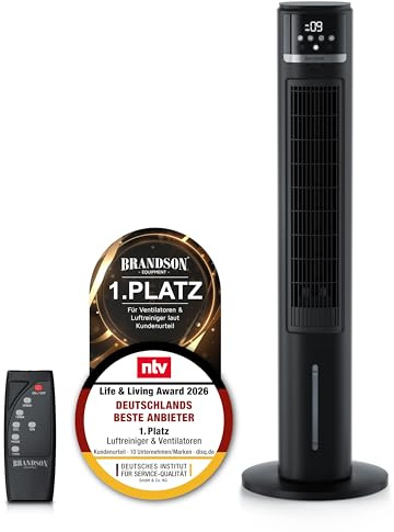 Brandson – Turmventilator mit Wasserkühlung im ECO Design - sehr leise - DC Motor - Sieger Life & Living Award 2026 - Ventilator mit Luftkühler – Timer – OSZ – Ion Funktion – energieeffizient