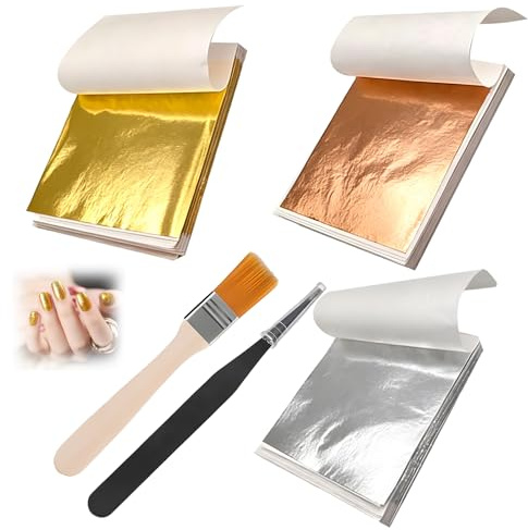 300 Stück Blattgold mit Pinzette und Bürste, 8.5x8cm Goldfolie, Blattgold zum Basteln, Blattsilber, Geeignet für Bastelarbeiten, Nägel, Makeup, Dekorationen und DIY (Gold, Silber, Champagnergold)