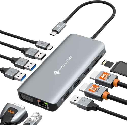 NOVOO USB C Docking Station Triple Monitor, 11 in 1 USB-C to Dual HDMI Adapter VGA Gigabit Ethernet 100W PD 4USB Ports, USB C Hub Thunderbolt 3/4 Dock Compatible for MacBook and Other USB Laptops