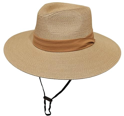 Wildarms Sombrero Panamá de Verano Unisex, Sombrero de Paja de ala Ancha Ligero y Plegable, Transpirable para Mujer y Hombre, Playa y Viaje(Marrón Cinta Amarillo,59)