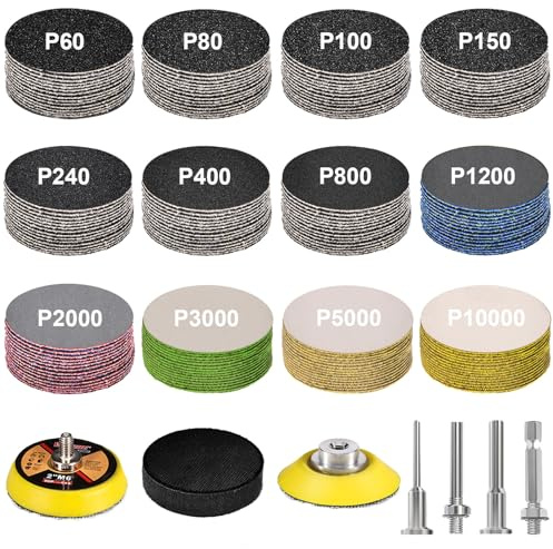 187 Pieces 2 Inch Sanding Disc, GOH DODD Wet Dry Sandpaper with Interface Pad and Backer Plate 1/4 Shank, 60-10000 Grits Grinding Abrasive Sand Paper for Auto Metal Glass Resin Wood Sanding