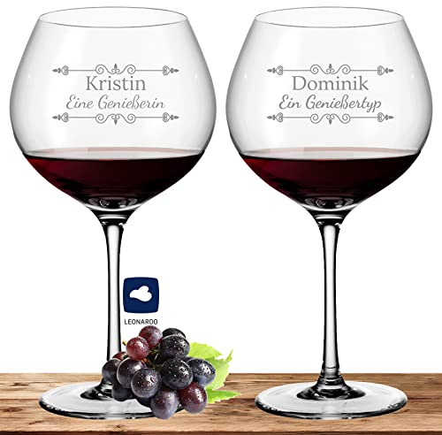 Deitert 2X Leonardo Burgunderglas Rotweinglas XL mit Namen oder Wunschtext graviert, 630ml, CIAO+, personalisiertes Premium Burgunderglas in Gastroqualität (Verzierung 01)