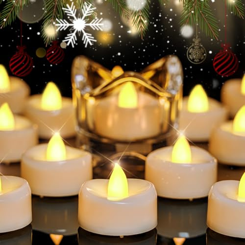 Merrynights LED Tea Lights, 24-Pack Battery Operated, Long-Lasting 200 Hour Flameless Candles, Flickering for Halloween & Fall, Warm Yellow, 1.5'' D x 1.25'' H