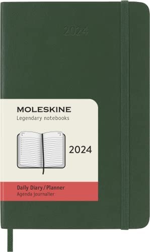 Moleskine Tagesplaner 12 Monate 2024, Planer 2024, Pocket Format 9x14, Weicher Einband und elastischer Verschluss, Grüne Myrte Farbe
