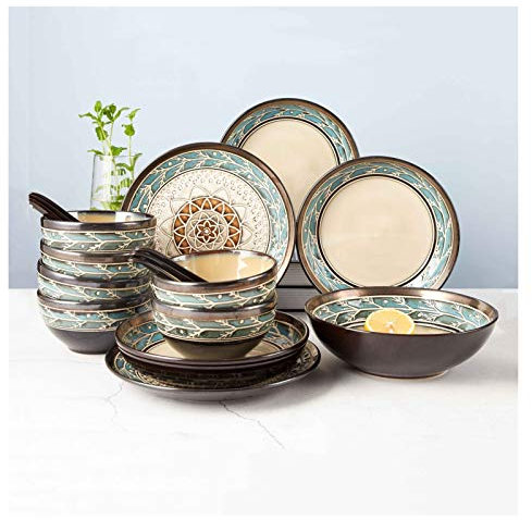 UCCE Piatti per la Cena Set di stoviglie in Ceramica Vintage Set di stoviglie per Cucina Domestica da 18 Pezzi Set di Piatti Piani in Rilievo