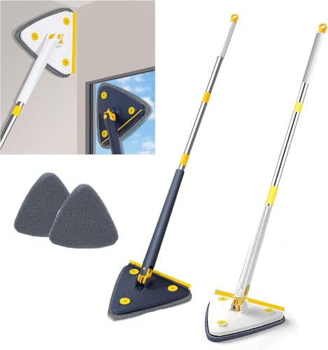 Hooha 2 in 1 Auswringfunktion Fensterputzer Dreieck Wischmopp mit Teleskopstiel Stange 127cm, Abzieher und 2 Mikrofaserbezug für Fenster/Glas/Boden/Badezimmer (Weiß)