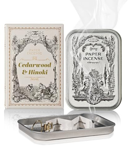 Papier-Räucherwerk – 48 Stück in Vintage-Dose als Räucherstäbchenhalter, langanhaltender Duft, Räucherpapier zum Verbrennen für Aromatherapie, Meditation und Geruchsentfernung - Cedarwood & Hinoki