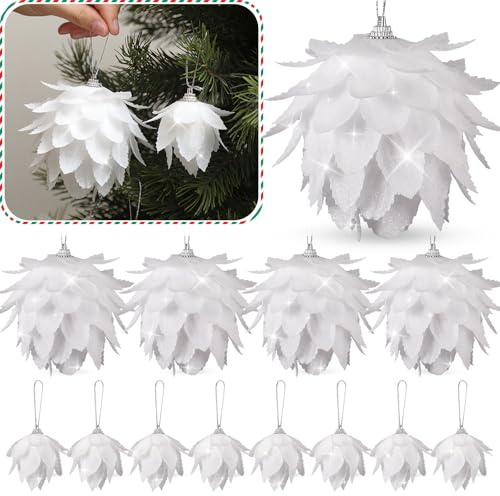 Syhood 12 Pcs Christmas Ball Ornaments Glitter Pinecone Balls Xmas Tree Decoration Hanging Pinecone Ornaments Rustic Pine Cones for Xmas Winter Party Holiday Wedding Home Decorations(White)