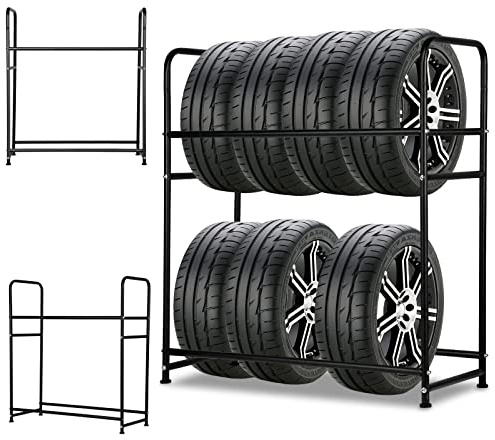 Ansobea Däckhylla 8 däck, 4 x däckställ 107 x 46 x 117 cm, fälgträd för bilddäck, lastkapacitet 180 kg, däckhylla med däckskydd, höjdjustering lagerhyllor, för källare verkstad