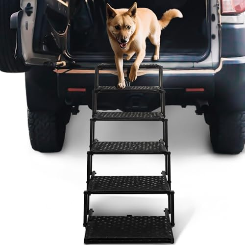 Hundetreppe für Auto – Faltbare Hunderampen für große Hunde mit Rutschfester Oberfläche, tragbare Hundetreppe für Autos und SUV, LKW, unterstützt bis zu 90 kg, 6 Stufen
