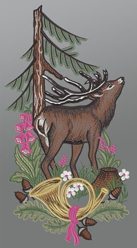 Plauener Spitze Fensterbild Hirsch mit Jagdhorn (BxH) 19cm x 38cm, Mehrfarbig, Fensterdekoration und Fensterschmuck