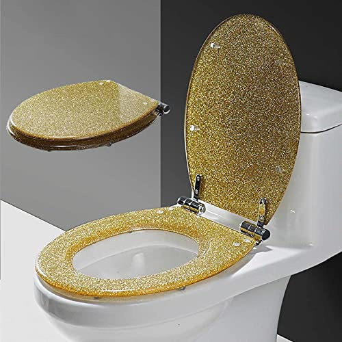 Brigtviee Ispessire La Copertura del Sedile del WC, Il Sedile del Water in Resina Scintillante, Il Coperchio del Bagno Silenzioso A Chiusura Lenta, con Cerniera in Acciaio Inossidabile,d'oro
