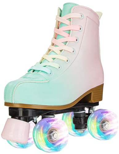MEIGLQEA Roller Skates for Women & Girls, Cozy PU Leather Gradient Color Skates with Flash Wheels, Indoor/Outdoor for Beginners (36-US Women 6/ Youth 5)