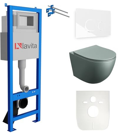 Lavita LAV 101 Vorwandelement für WC 40cm + Wand Hänge Tiefspül WC SINTO Grau Spülrandlos + Bedienplatte LAV 200.4.1 Weiß | Komplettset | Unterputz Spülkasten | Toilette Komplett Sett
