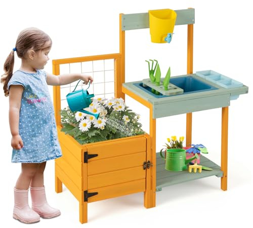 Costzon Mud Kitchen, Kids Potting Bench with Garden Bed & See-Through Window, Trellis, Kids Kitchen Playset w/Sink, Faucet, Storage Shelf, Gardening Toys, Outdoor Play Kitchen for Boys Girls Ages 3+