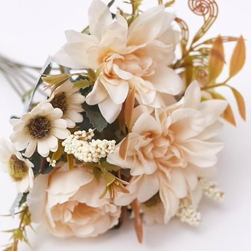 The Baked Studio Silk Artificial Flower Bouquet (Peonies, Dahlia Roses, Daises & Foilage) – Realistic Fake Plant for Cake Decoration, Home Décor, Weddings, DIY and Crafts (Cream Champagne)