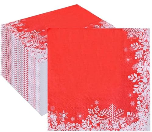 Serviette de Noël en Papier, 80 Pièces Serviettes Noël Rouge 6.5 x 6.5 Pouces Christmas Serviette de Table Personnalisée pour Décoration Table de Noël, Vacances, Fête (Flocon Neige)