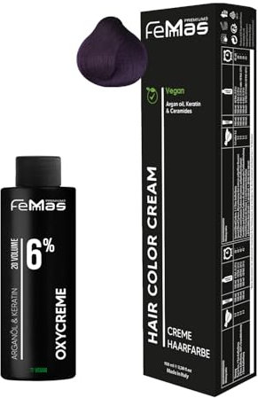Femmas Haarfarbe Set Violet I Hair Color Cream 100ml + Oxycreme 100ml 6% I Permanente Haar-Coloration + Entwickler I Schonend & langanhaltend I Salon-Haarfarbe für Zuhause