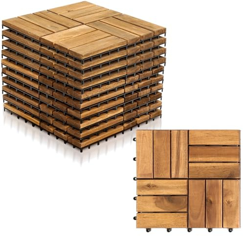 Peviasot Holzfliesen, Balkonfliesen Holz Fliesen 30x30cm 12 Latten Fliese, Terrassenfliesen Holzfliesen aus Akazienholz, Wetterfest mit Drainage, Leicht verlegbar (11 Stück = 1m²)