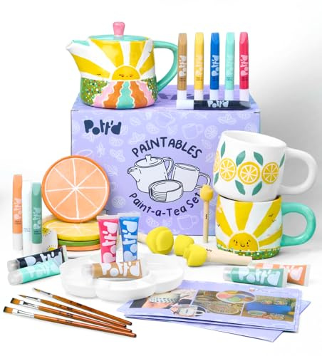 Pott’d Paintables Teeservice Zum Bemalen – DIY-Keramik-Bemalen-Set Für Erwachsene Mit Teekanne, Tassen, Untersetzern, Farben, Pinseln, Schwämmen, Palette Und Anleitung Anfänger