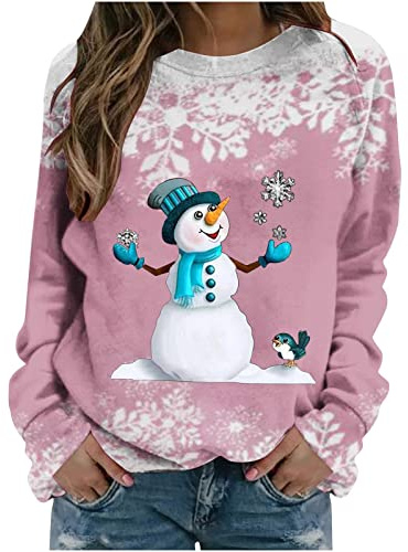 Jerseys Navideños Sueter Anchas Original Sweatshirt Suave y Cálida Top Shirt Blusas Ugly Christmas Sweater Cuello Redondo Manga Larga Otoño Estampado de muñeco Nieve navideño Mujeres Sudaderas