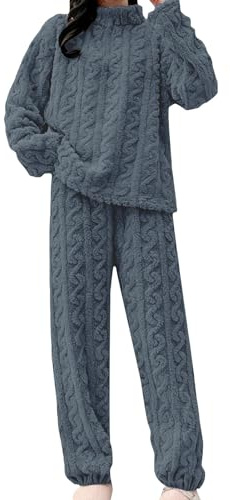 Generisch Pigiama da donna lungo termico, set invernale morbido, comodo e caldo, biancheria da notte soffice, top e pantaloni da pigiama, pantaloni da casa, con tasche, a maniche lunghe, spessi