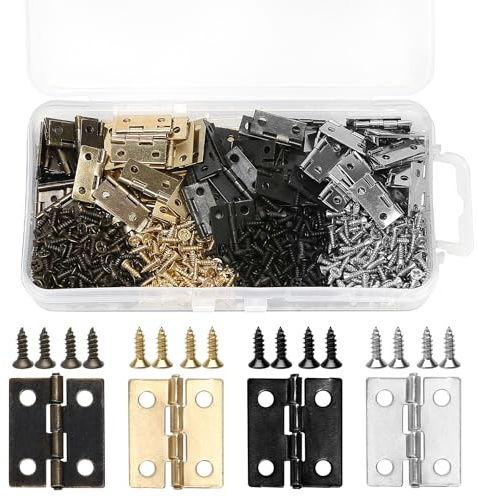 140 Sets Mini Hinges for Wooden Boxes & Crafts, Small Brass Hinges with Screws, 18mm x 15mm, for Jewelry Box, Cabinet, DIY Projects & Miniature Furniture, 4 Colors