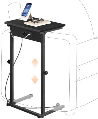 HOOBRO C-Form Beistelltisch mit Ladestation, höhenverstellbarer Beistelltisch mit Steckdose, Sofatisch, Couchtisch für Wohnzimmer, Schlafzimmer, Arbeitszimmer, Schwarz EBB71CSF01