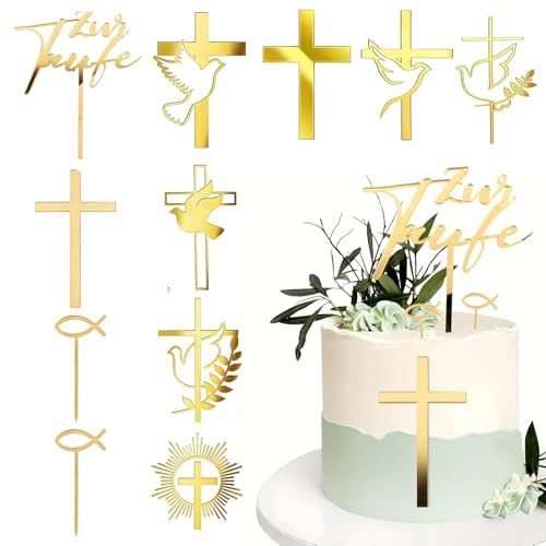 XFSRG 11 Piezas Juego de Decoración para Tartas Decoración de Cruz para Tarta Espejo Acrílico Dorado con Paloma Topper de Pastel para Fiesta para Bautizo Comunión Cumpleaños y Bodas