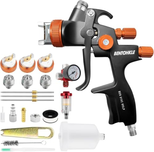 819C HVLP Lackierpistole Spritzpistole, 3 Düsen 1,3/1,7/2,0mm, 600ml Beche | Profi Farbsprühsystem mit Plastikbecher Druckluft Spraypistole geeignet für Autolackierung und Heim-Lackierarbeiten