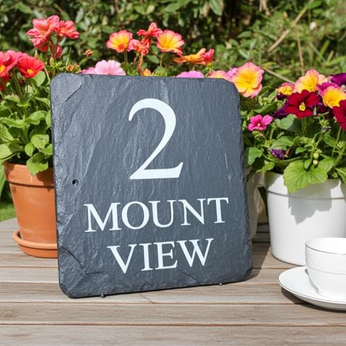 Personalised Slate House Sign 20cm x 20cm – Custom Door Number & Address | Plaque for outside wall, gate or entrance. Natural engraved slate sign.