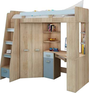 FurnitureByJDM Hochbett mit Schreibtisch, Schrank und Regalen | Komplettes Möbelset (120x204 cm) - Kinderbett 80x200 cm mit Stauraum - Treppe Linken Seite (Eiche Sonoma/Himmelblau)