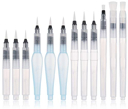 Opopark Watercolour Brush Pens Pack of 12 Refillable Water Brush Pens Aqua Paint Brushes Ink and Water Brush Pens Art Supplies for Water Color Painting Blending Lettering with Assorted Tips