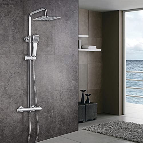 Huiyang Bathroom Thermostatic Valve Shower Mixer Set, Handheld Shower and with Adjustable 8 Overhead Rainfall Shower Taps, Twin Head & Body Chrome Plated Set