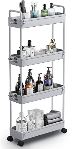 SOLEJAZZ 4-Tier-Aufbewahrungswagen Slide-Out Slim Rolling Utility Cart Mobile Aufbewahrungsregal Organizer für Küche, Bad, Waschküche, Schlafzimmer, Enge Plätze, Kunststoff, Grau