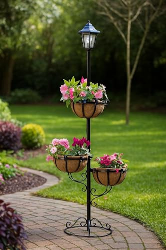 spot on dealz Solar Powered 3 Tier Flower Planter With White LED Light 2 in 1 Garden Outdoor Decoration With Planter Liners
