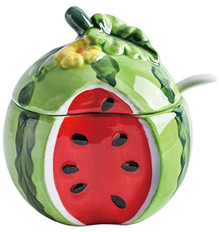 Aigid Ceramics Fruit Shaped Sugar Bowl, Fruit Spice Jar, Salt Pot Pepper Storage Jar with Lid and Spoon Seasoning Box Condiment Pots(Watermelon)