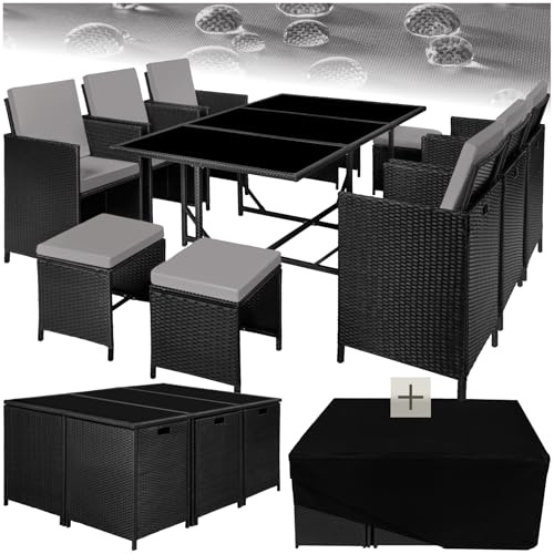 tectake® Salon de Jardin Exterieur en Résine Tressée Poly Rotin Salon de Jardin Table 10 Personnes 6 Fauteuil en rotin 4 Tabouret Pouf Encastrable avec Housse de Protection, Entretien Facile