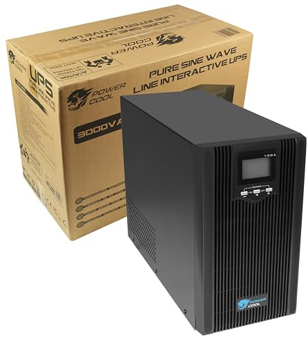 Powercool 3000VA2 Smart UPS Battery Backup – 2400W Pure Sine Wave Line-Interactive UPS with AVR, DSP Control, ECO Mode, USB/RS-232, RJ45 Surge Protection, 2× UK + 3× IEC Outlets | 4× 12V 9Ah Batteries