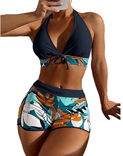 Maillots de Bain uni pour Femme Bikini Short Ensembles Maillots Deux pièces Maillots de Bain Femme 2 Pièces Taille Haute Rembourré Bikini Push Up Ensembles Bikini
