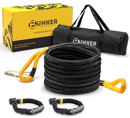 BUNKER INDUST Kinetisches Erholungsseil mit 2 weichen Schäkeln, 1,9 cm × 6,8 m, Offroad-Satch-Gurt, Abschleppseil für UTV, ATV, LKW, Auto, Jeep, Traktor