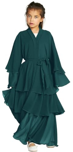 M?dchen Kleid Muslimisches Chiffon Gebetskleid Gebetskleidung f?r Kinder Abaya Einfarbig Vorne Offen Strickjacke Islamischer Naher Osten Dubai T?rkei Maxi Kaftan Kleider mit Hijab Dunkelgr?n 9-10J