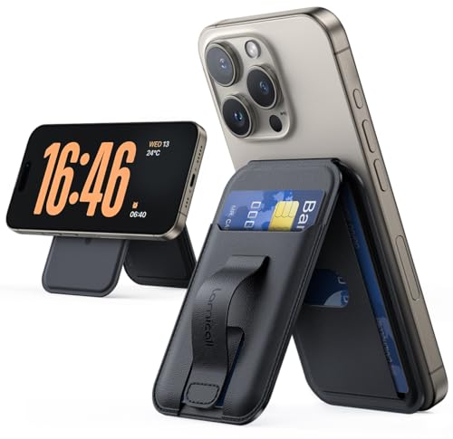Lamicall Handy Kartenhalter für MagSafe Wallet - Finger Griff Design, Vegan Leder Verstellbar Ständer, Leicht Karten Halter für 3 Karten, Magnetisch Wallet Halter für iPhone 16 15 14 13 Pro Max Plus