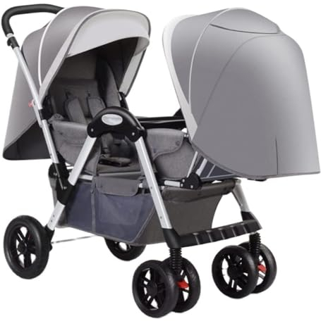 PEYNIR Zwillingskinderwagen, Grau, Kompakter Tandem-Kinderwagen mit verstellbarer Rückenlehne und zusammenklappbar, 2 Kinderwagen