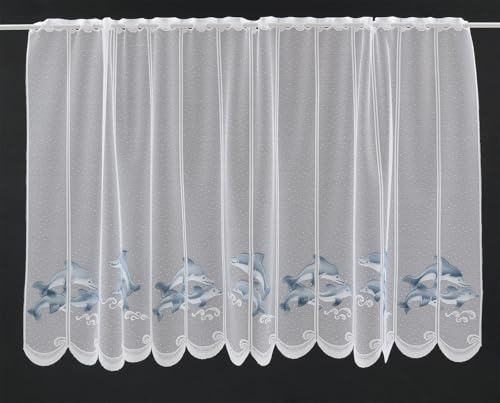 Gardinen Kranzusch Scheibengardine Delfin 90x110 cm H/B weiß grau-blau Bistrogardine Vorhang Küche 1er Pack